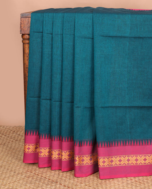 Blue plain design Kadhi cotton saree, contrast contrast star & temple motifs thread border & striped pallu