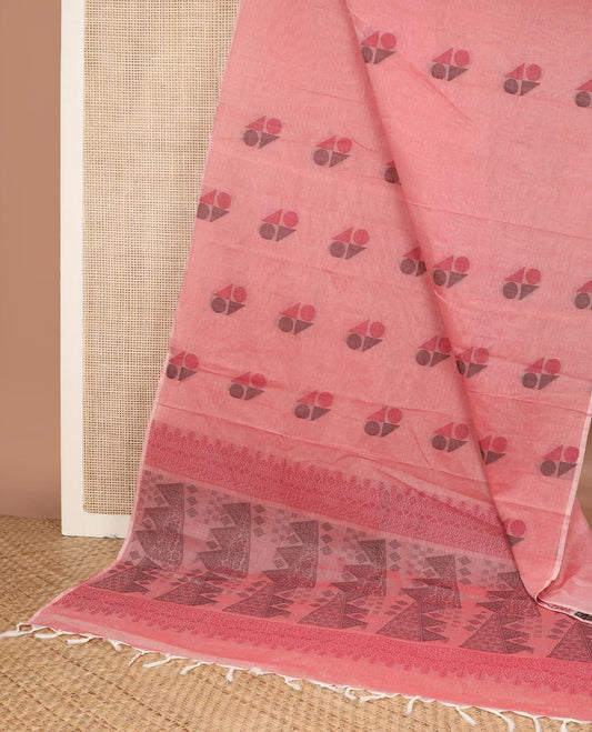 Borderless pink geometric motifs Coimbatore cotton saree, self-pallu of geometric designs