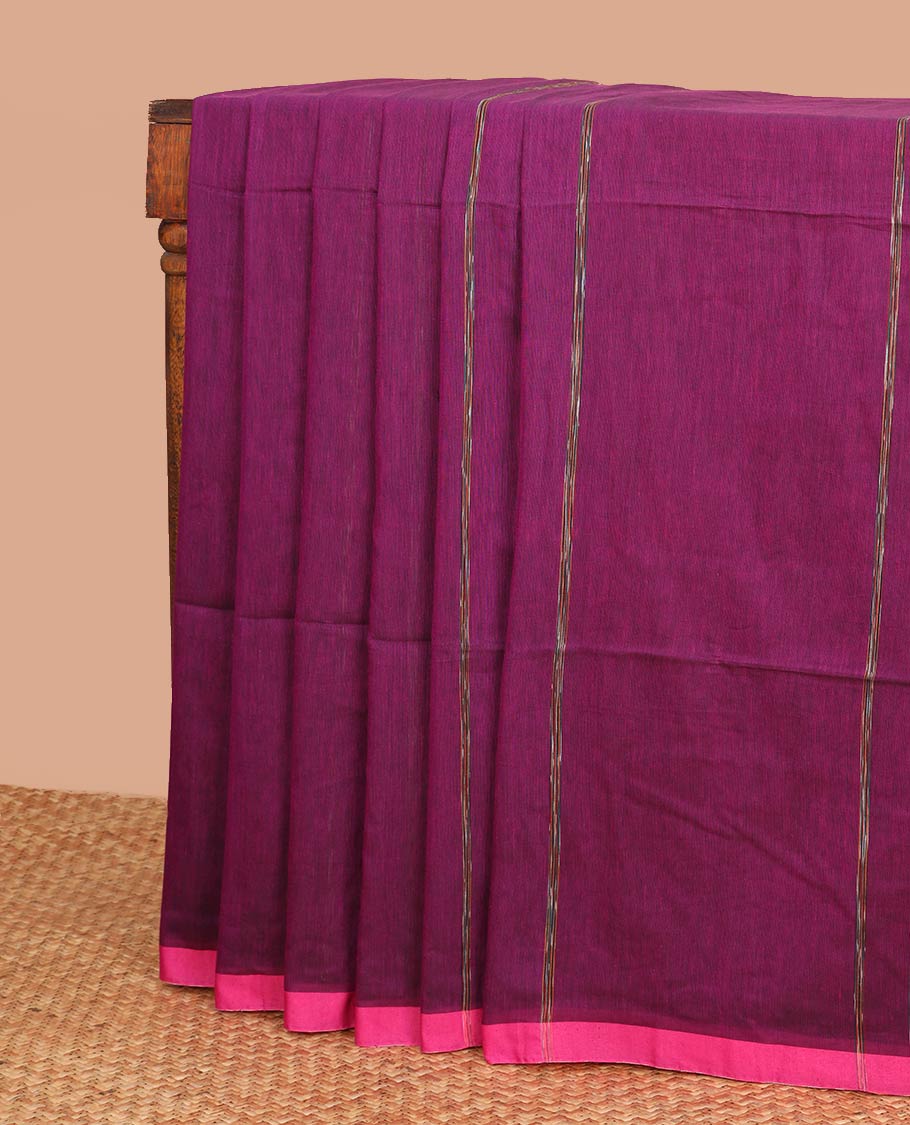 Purple striped khadi cotton saree with contrast striped border