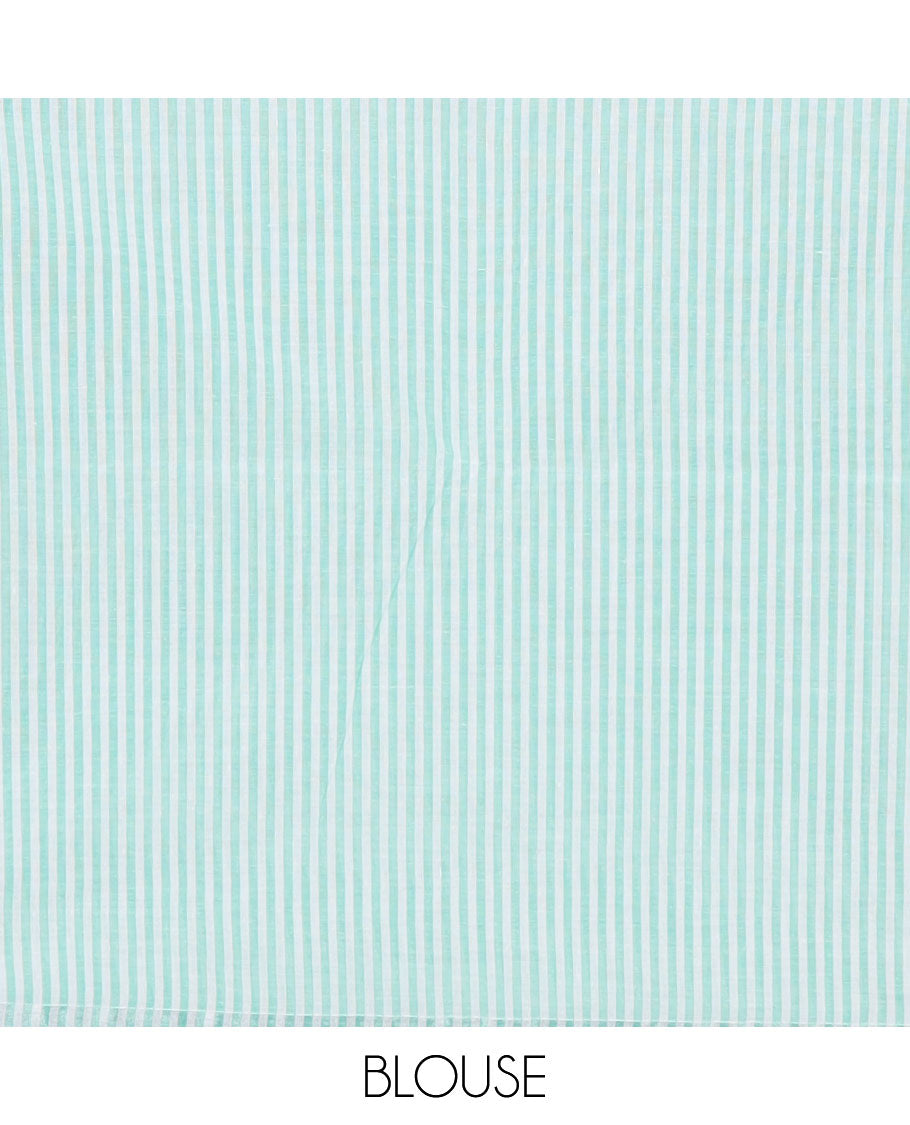 Half-white & blue striped jute cotton saree, zari border & striped pallu