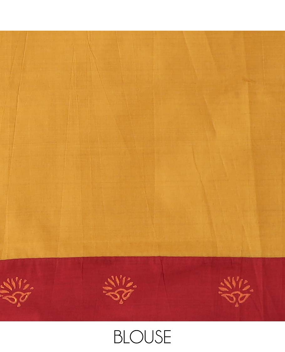 Maroon floral motifs printed poly cotton saree, contrast paisley block printed border, and block printed pallu