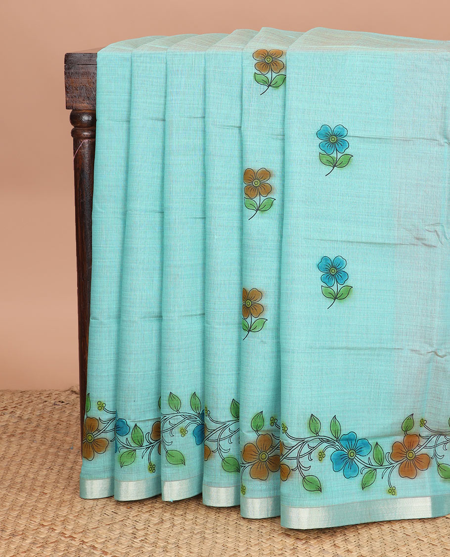 Blue floral vine printed chirala cotton saree, bavanji border, and contrast floral vine print pallu