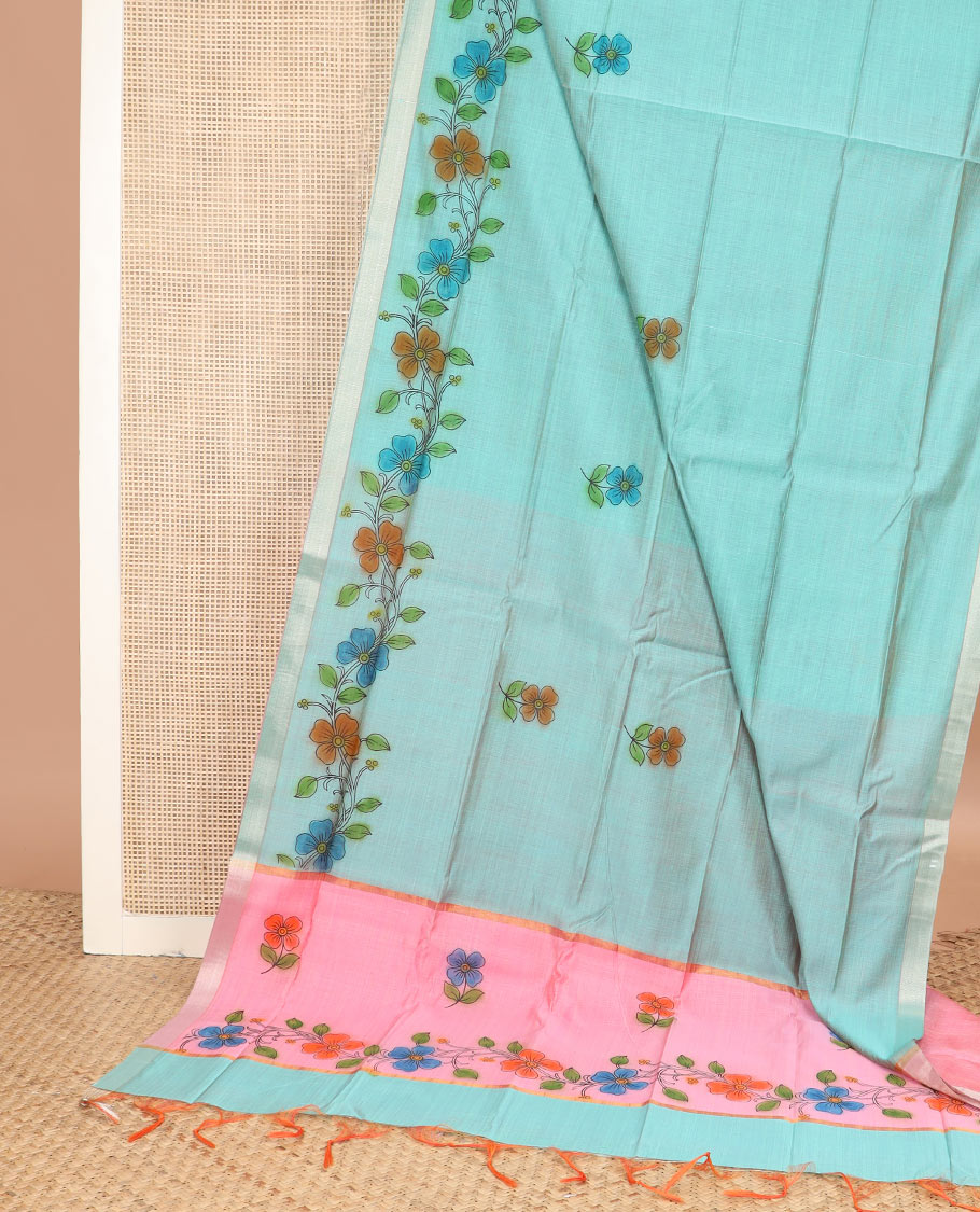 Blue floral vine printed chirala cotton saree, bavanji border, and contrast floral vine print pallu