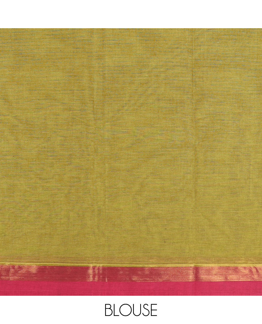 Green buttas kanchi cotton saree, contrast border, and pallu of floral creeper, and paisley designs