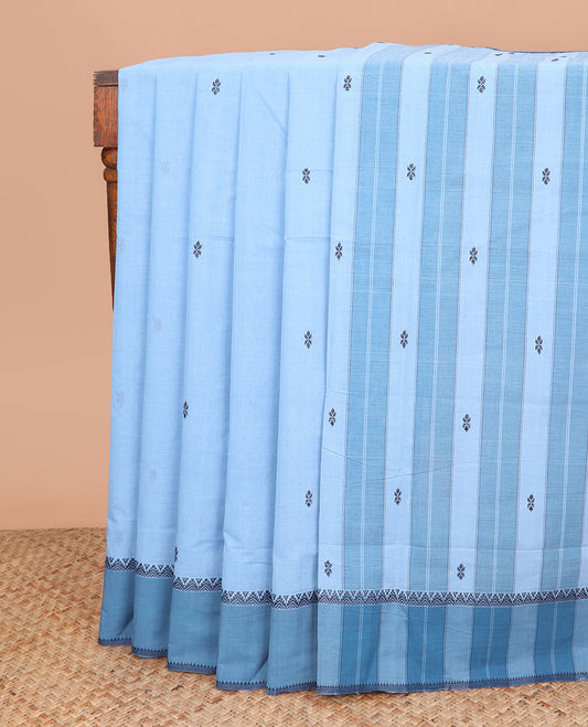 Blue buttas Andhra cotton saree, contrast temple border, and pallu of stripes and buttas