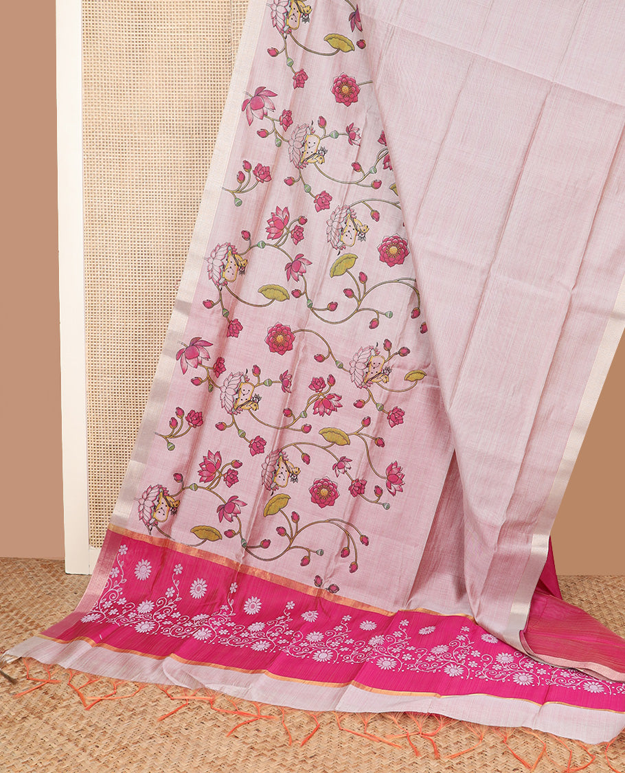 Pastel pink floral vine and Pichwai cow printed chirala cotton saree, plain border, and contrast floral printed pallu