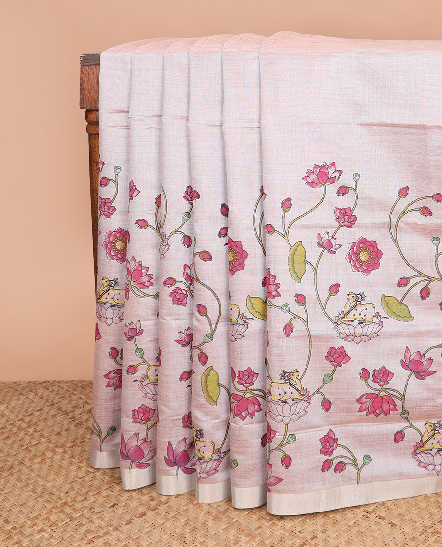 Pastel pink floral vine and Pichwai cow printed chirala cotton saree, plain border, and contrast floral printed pallu