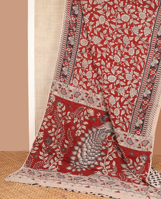 Red floral vine machine-printed Kalamkari cotton saree, contrast floral border, and pallu of floral and peacock