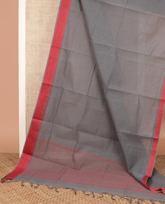 Grey sparesly striped Mangalgiri cotton saree, traditional border, striped pallu, and contrast floral printed blouse