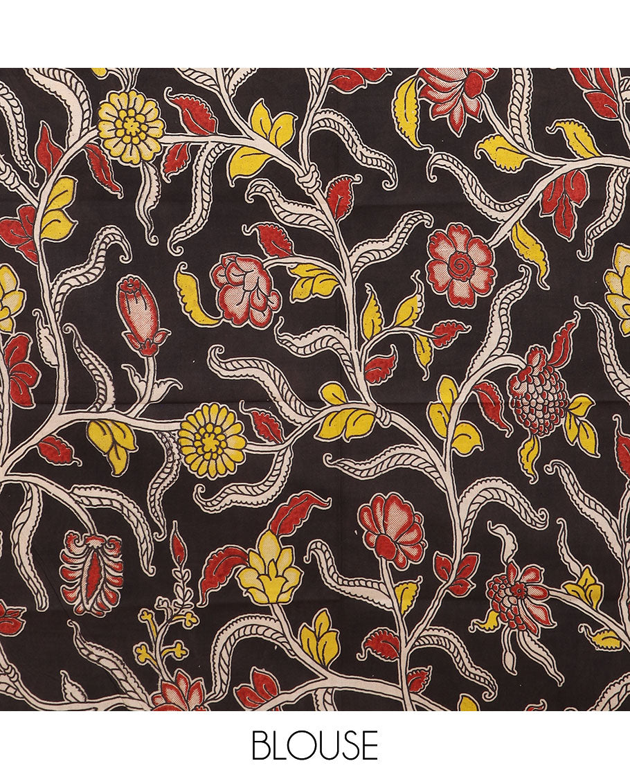 Green striped chirala cotton saree, traditional border, striped pallu, and contrast floral vine printed blouse