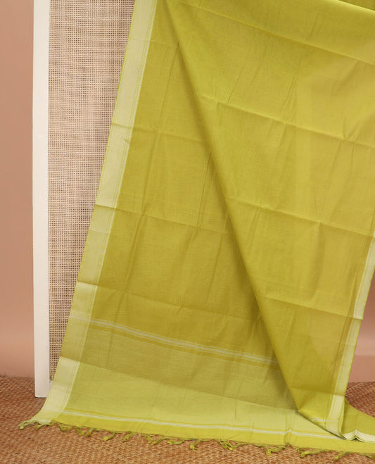 Green striped chirala cotton saree, traditional border, striped pallu, and contrast floral vine printed blouse