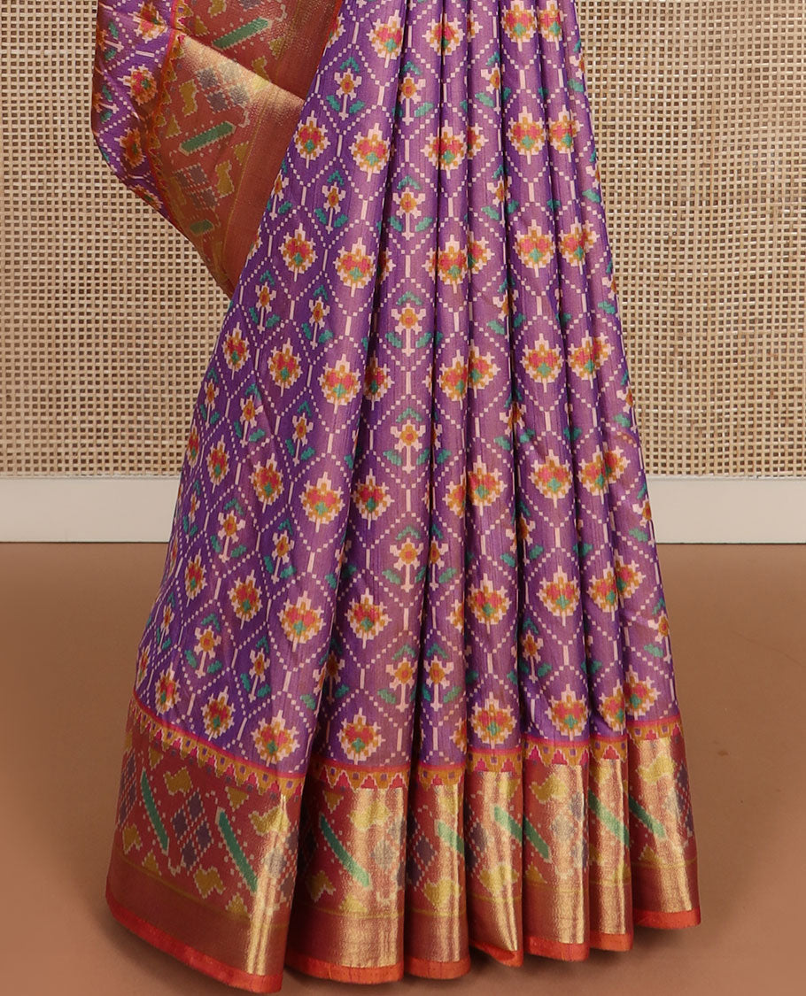 Purple floral motif enclosed jaal semi-banaras patola silk saree, contrast temple border, and pallu of floral motifs design