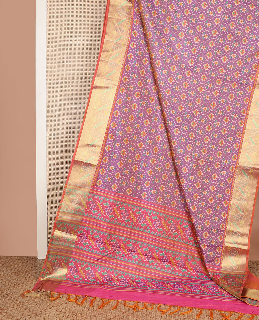 Purple floral motif enclosed jaal semi-banaras patola silk saree, contrast temple border, and pallu of floral motifs design
