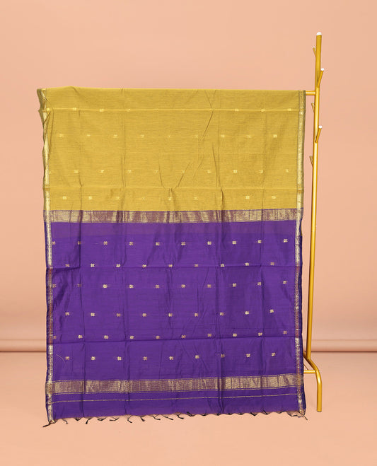 Green Maheshwari Cotton Saree, Bedecked with Buttas All Over Its Body, Subtle Zari Piping Border, Complemented by a Contrast Pallu Steeped with Buttas, and Paired with a Contrast Blouse