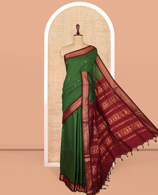 Green Mangalgiri Cotton Saree, Decked up with Checks on Its Body, Complemented by Contrast Traditional Zari Temple Border, Intricate Pallu, and Paired with a Contrast Blouse