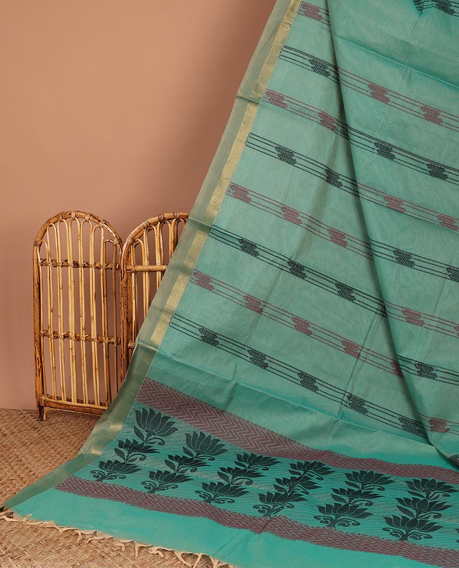 Green striped Coimbatore cotton saree,  contrast border & intricate pallu