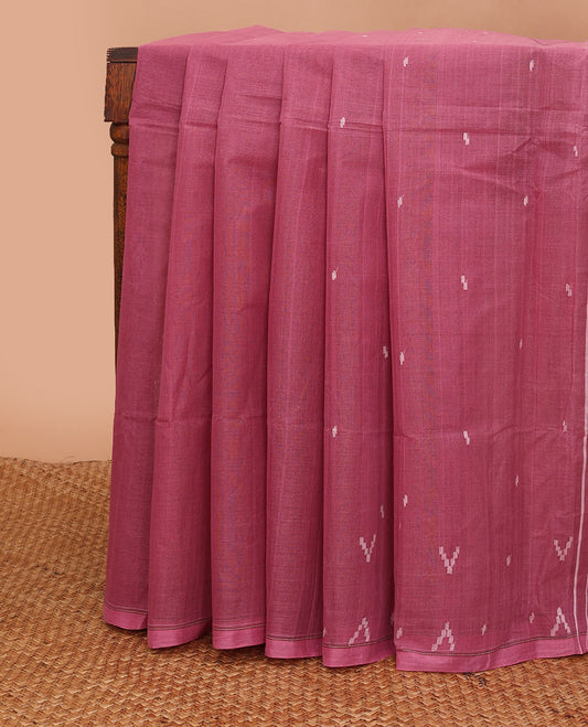 Borderless pink buttas Bengal cotton saree, self-pallu of stripes & buttas
