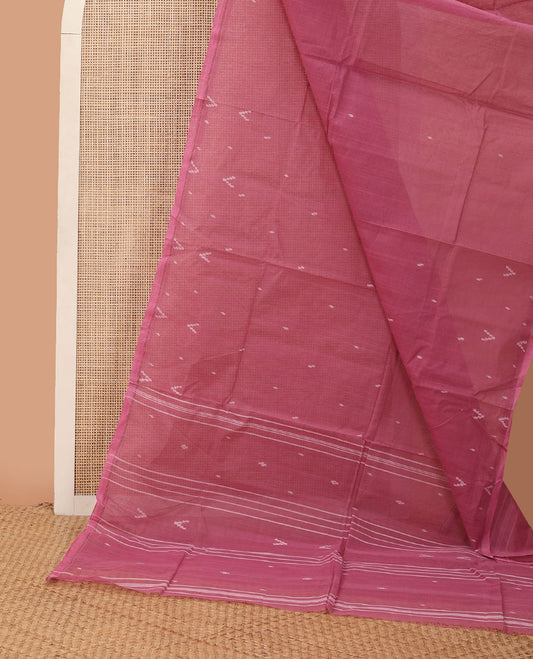 Borderless pink buttas Bengal cotton saree, self-pallu of stripes & buttas