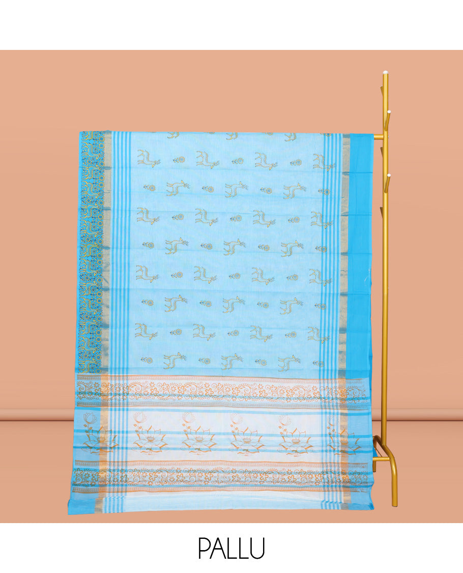 Blue Chirala Cotton Saree, Embellished with Floral and Deer Motifs, a Contrast Deer Motifs Border, Striped Pallu, and a Matching Blouse