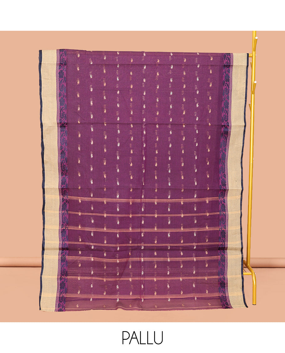 Purple Bengal Cotton Saree, Adorned with Buttas, a Contrast Floral-Paisley Border, Pallu of Stripes and Buttas, and a Matching Blouse