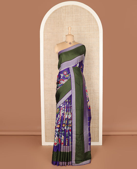 Violet kalamkari floral vine printed dola silk saree, contrast traditional design border, and striped pallu