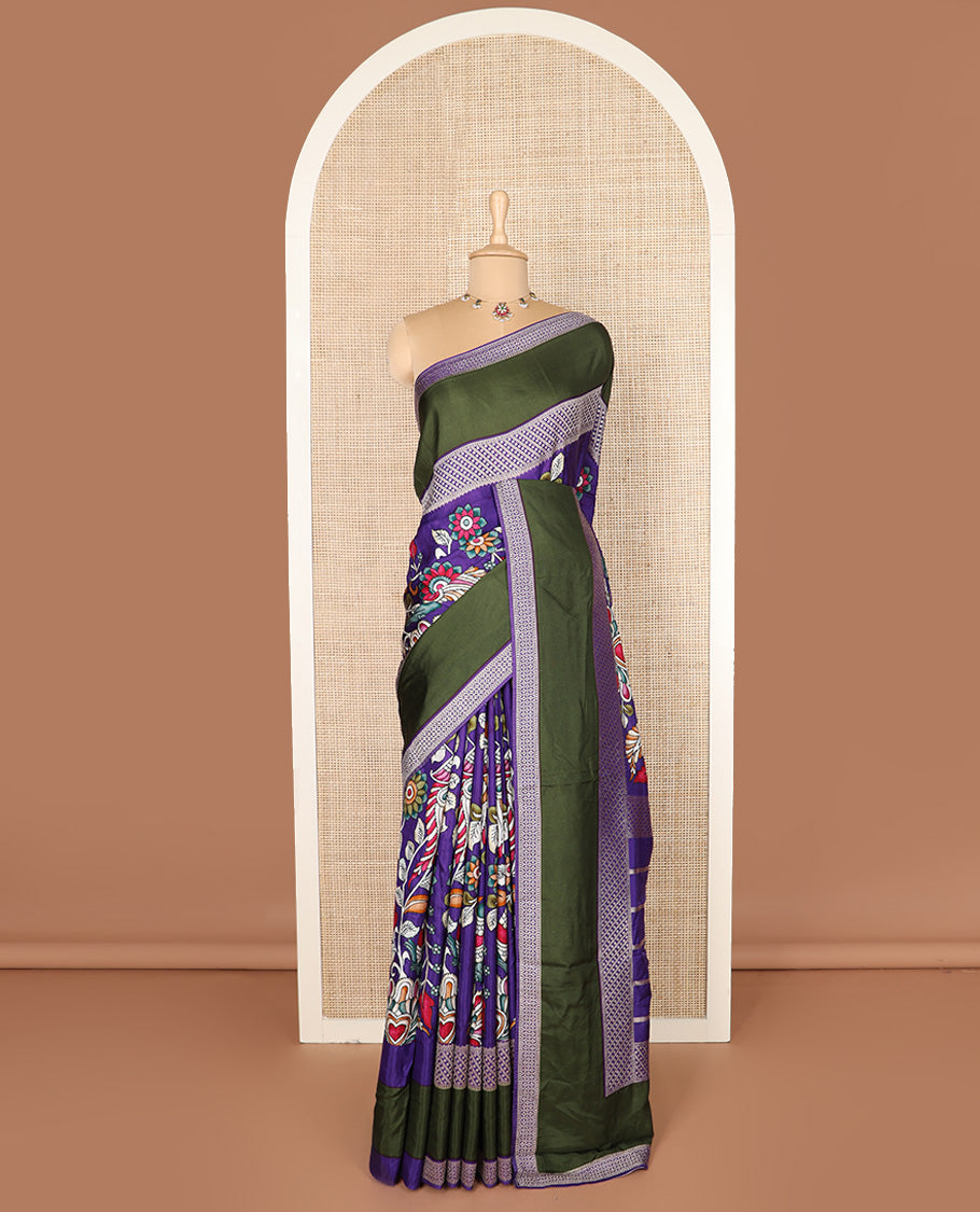 Violet kalamkari floral vine printed dola silk saree, contrast traditional design border, and striped pallu