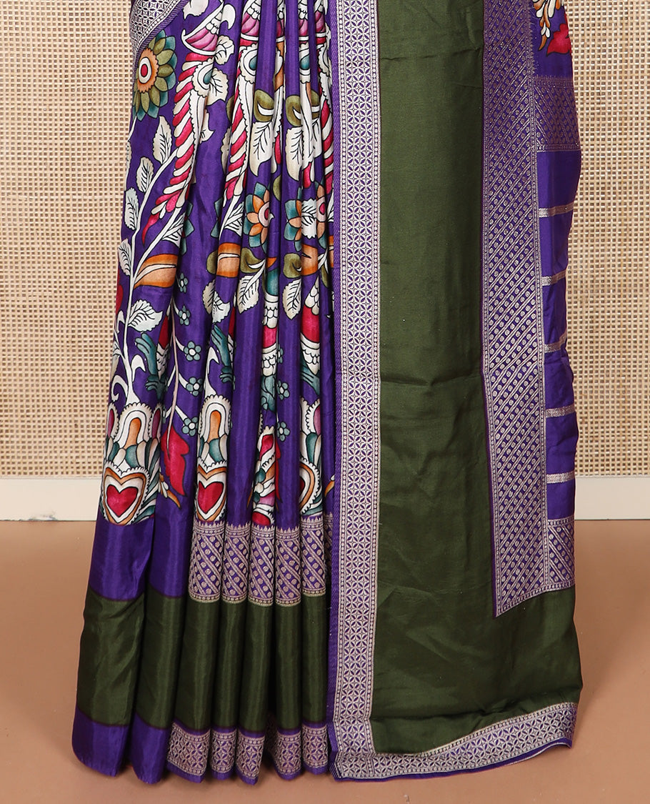 Violet kalamkari floral vine printed dola silk saree, contrast traditional design border, and striped pallu