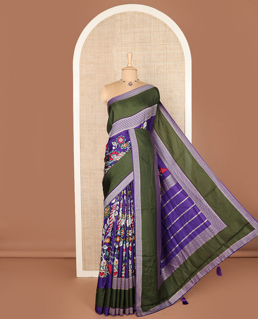 Violet kalamkari floral vine printed dola silk saree, contrast traditional design border, and striped pallu