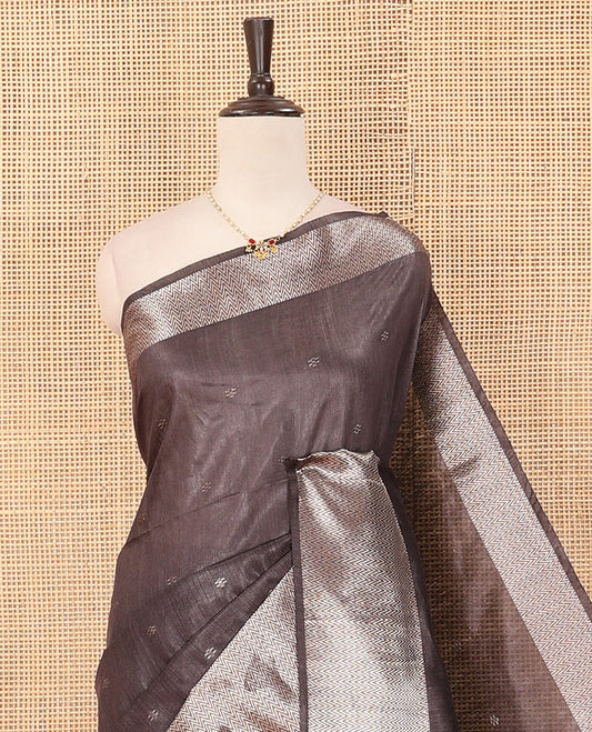 Grey zari buttas dupion saree, chevron striped border, and striped pallu