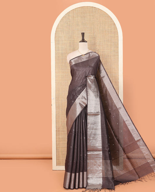 Grey zari buttas dupion saree, chevron striped border, and striped pallu