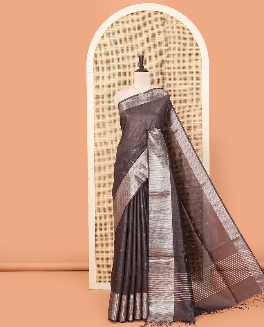 Grey zari buttas dupion saree, chevron striped border, and striped pallu