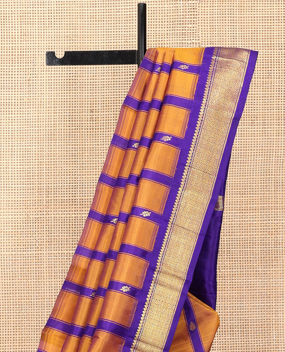 Blue-Mustard Kanchipuram Silk Saree Features Zari Buttas, a Contrast One-Sided Korvai Border of Thilakam Mokku, Banaras, and Jaal Designs, Zari Design Pallu, and No Blouse