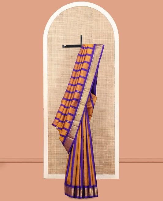 Blue-Mustard Kanchipuram Silk Saree Features Zari Buttas, a Contrast One-Sided Korvai Border of Thilakam Mokku, Banaras, and Jaal Designs, Zari Design Pallu, and No Blouse