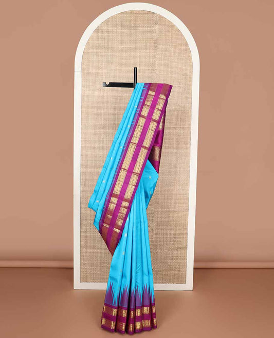 Light blue buttas kancheepuram silk saree with contrast rettai pettu zari design border & bhavanji pallu