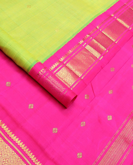 Parrot green zari buttas kanchipuram silk saree, contrast one-sided korvai border of salngai,banaras,muthu & jaal & zari design pallu