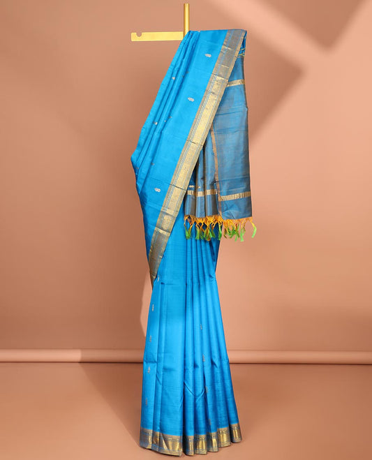 Blue  floral buttas kancheepuram silk saree with self border of banaras, jaal design & zari design pallu