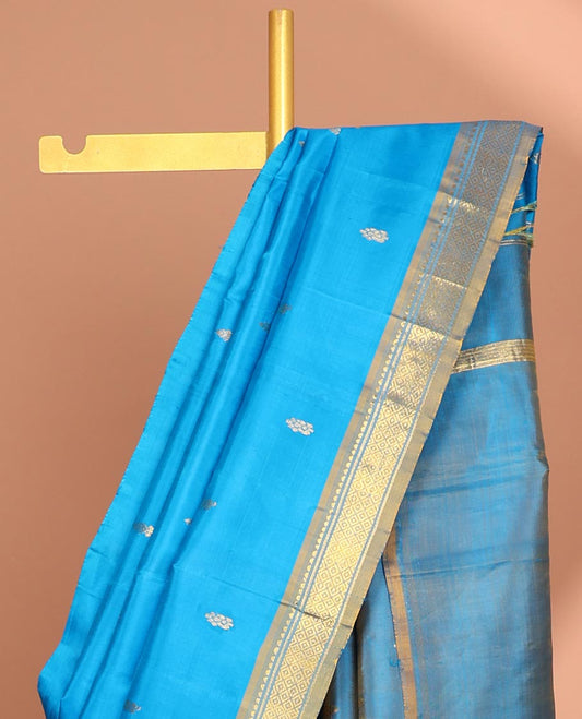 Blue  floral buttas kancheepuram silk saree with self border of banaras, jaal design & zari design pallu