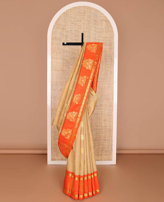 Sandal mayil zari buttas kancheepuram silk saree, contrast one-sided korvai border of thilakam & mayil chakram design & intricate pallu