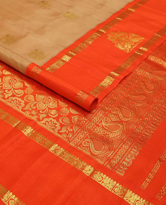 Sandal mayil zari buttas kancheepuram silk saree, contrast one-sided korvai border of thilakam & mayil chakram design & intricate pallu