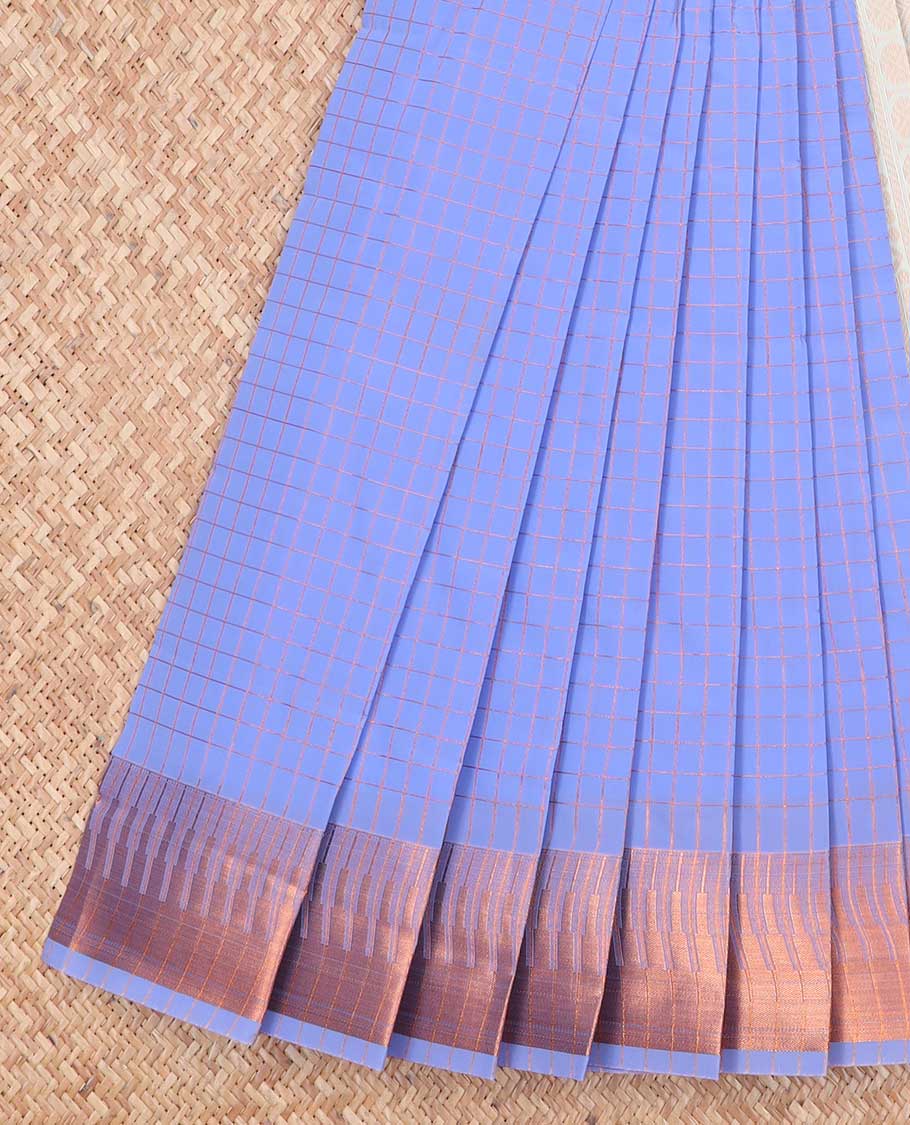 Lavender checked kora cotton saree with contrast temple border & checked zari design pallu