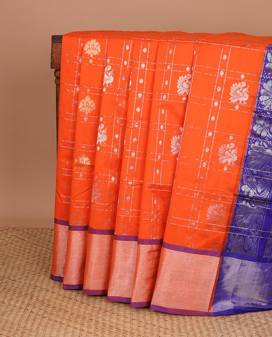 Red checked design kupadam cotton saree with zari buttas, contrast plain border & pallu of intricate designs