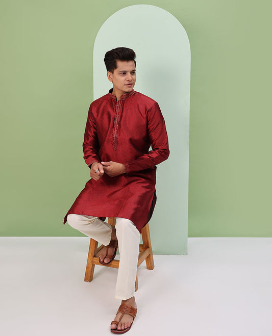 Red Arygle design embossed full-sleeved readymade kurta