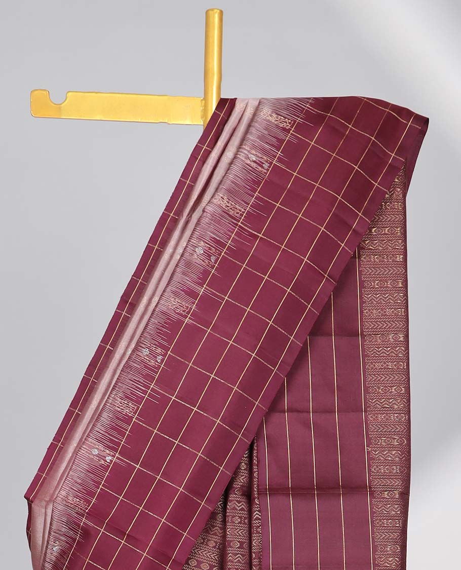 Peach soft silk saree with contrast checked border & floral jacquard design pallu