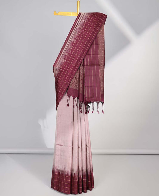 Peach soft silk saree with contrast checked border & floral jacquard design pallu