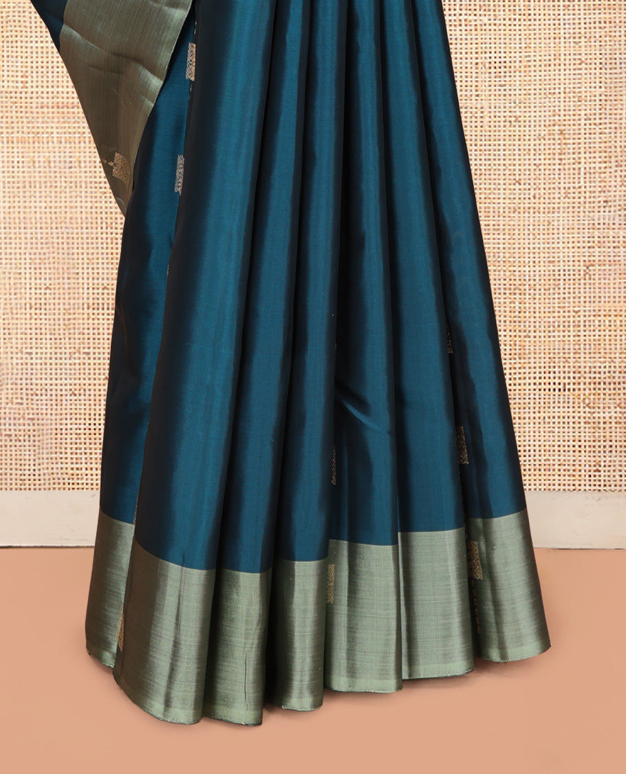 Peacock Blue Mayuri Lite Silk Mix Saree, Woven with Zari Buttas, Complemented by a Contrast Border, Sparsely Threaded Pallu, and a Contrast Blouse