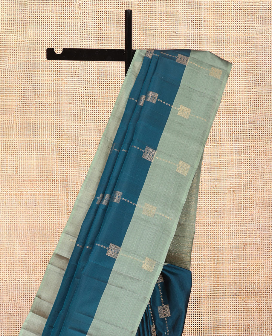 Peacock Blue Mayuri Lite Silk Mix Saree, Woven with Zari Buttas, Complemented by a Contrast Border, Sparsely Threaded Pallu, and a Contrast Blouse