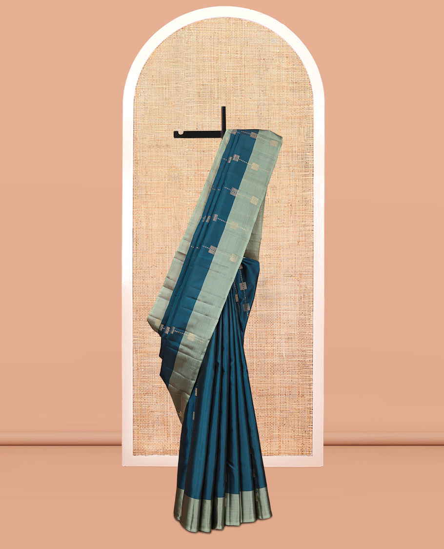 Peacock Blue Mayuri Lite Silk Mix Saree, Woven with Zari Buttas, Complemented by a Contrast Border, Sparsely Threaded Pallu, and a Contrast Blouse