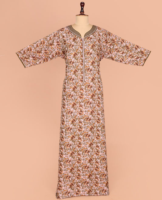 Pale Orange Cotton Nighty Accentuated with Floral Print, Featuring Lace Work, Sweet-Heart-Style Front Neck, and 3/4th Sleeves