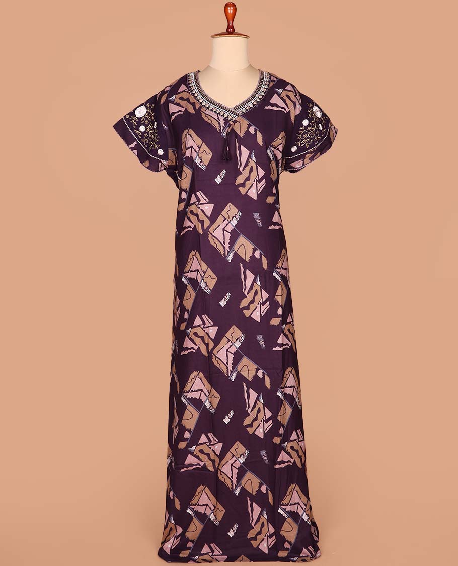 Purple geometric motifs printed with neck lace embroidered leaf-neck half-sleeve cotton nighty