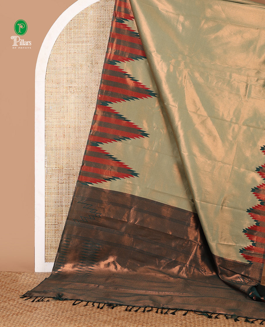 Pista green plain tissue silksaree,contrast gold zari temple border, zari-rich traditional pallu, zari design blouse